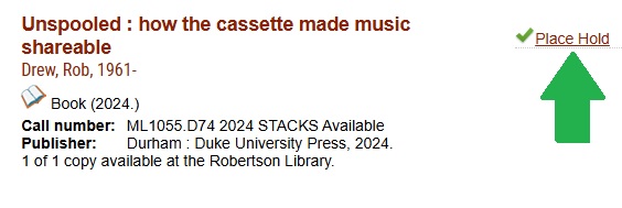 The "Place Hold" link appears in search results and on individual records, both on the right-hand side