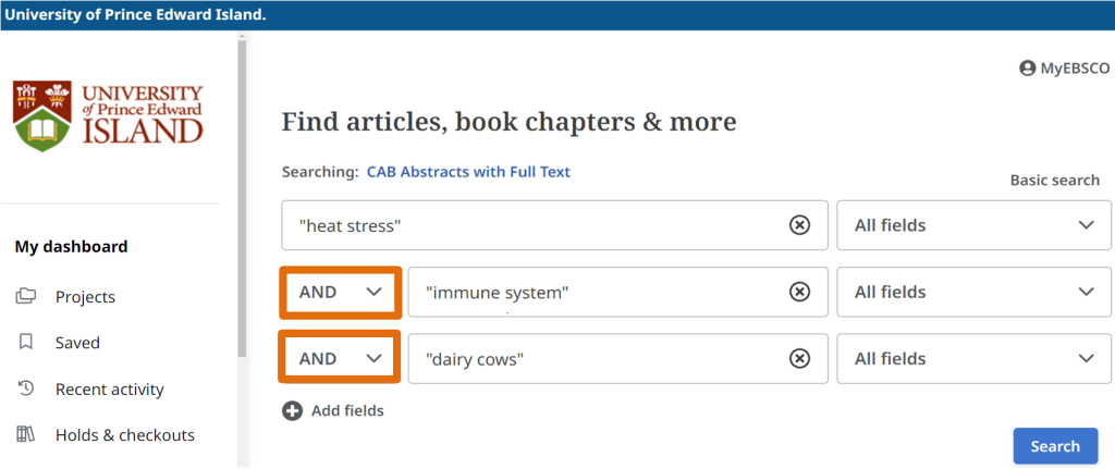 Advance search page with the keywords emphasizing the "AND" between the boxes