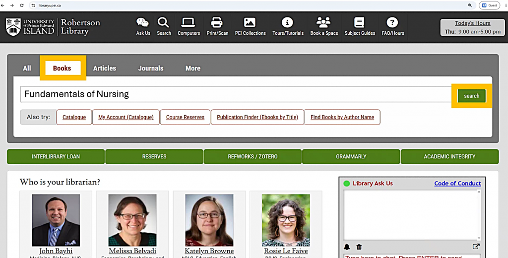 Books tab highlighted on the library homepage above the search box.