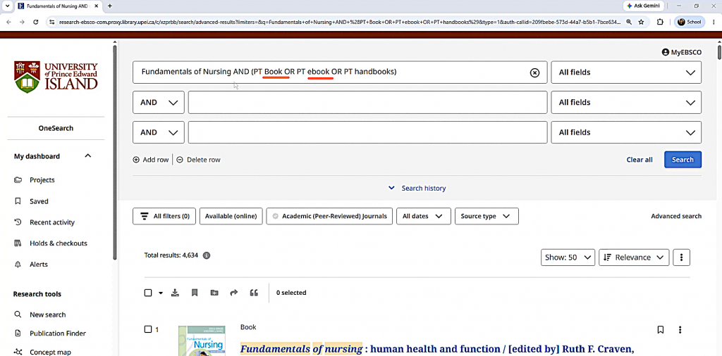 Search results with Print Books and eBooks filters.