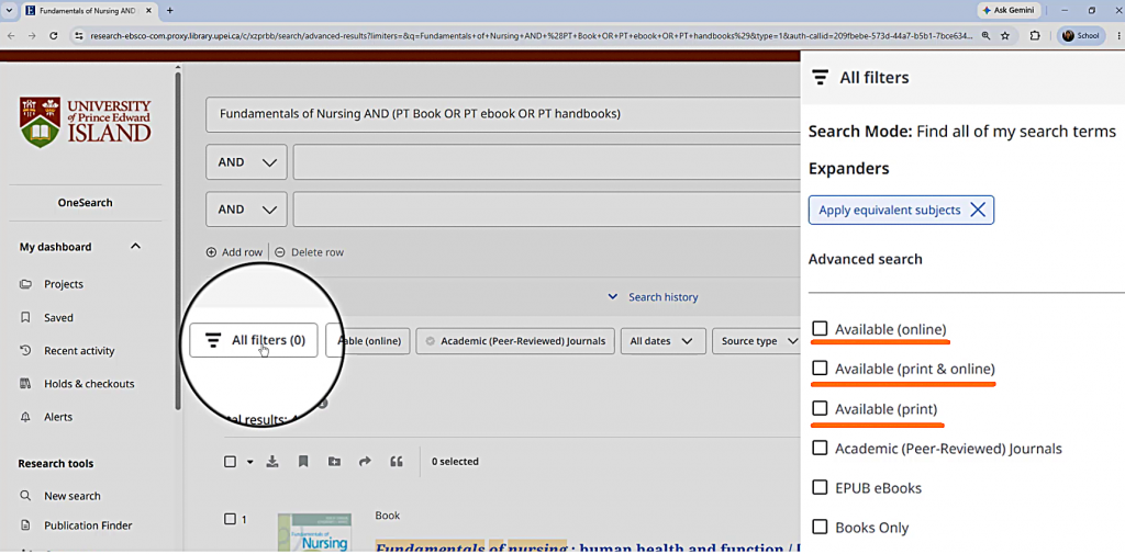 Search results page with the All Filters menu highlighted, showing Print, Online, and Print and Online filter options.