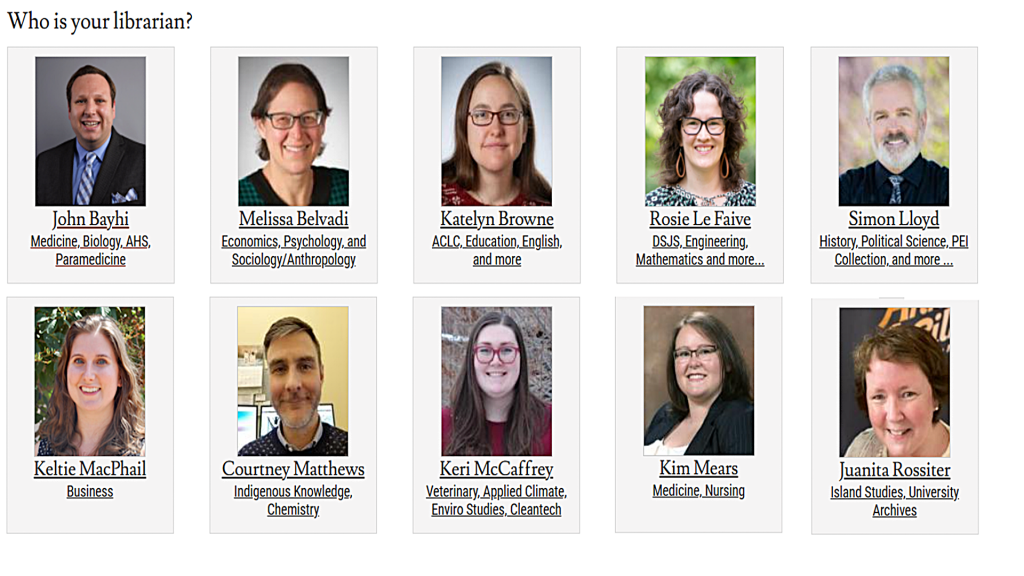 Photo of the librarians with their subject areas.