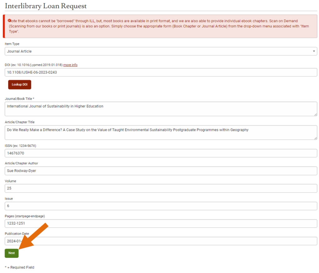 Screenshot of the ILL Loan Request