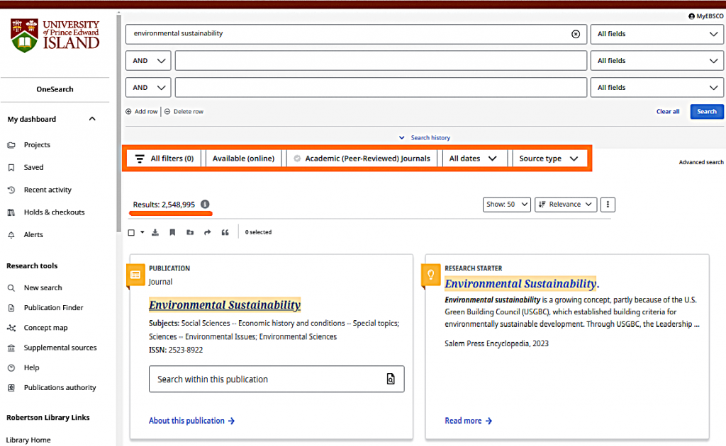 Screenshot of a OneSearch search results page highlighting the filter options above the search results.