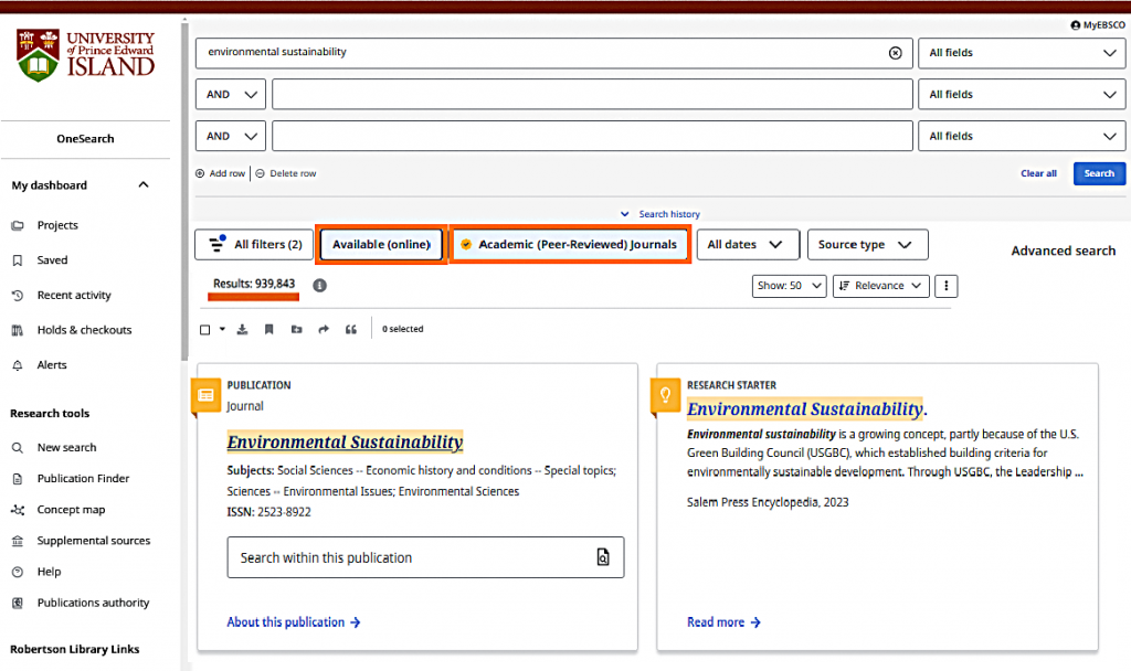 Screenshot of OneSearch search results page highlighting the “Available (online)” and “Academic Peer-reviewed” filters.