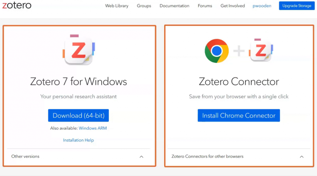 The download page includes links to download Zotero 7 for Windows and Zotero Connector for Chrome.